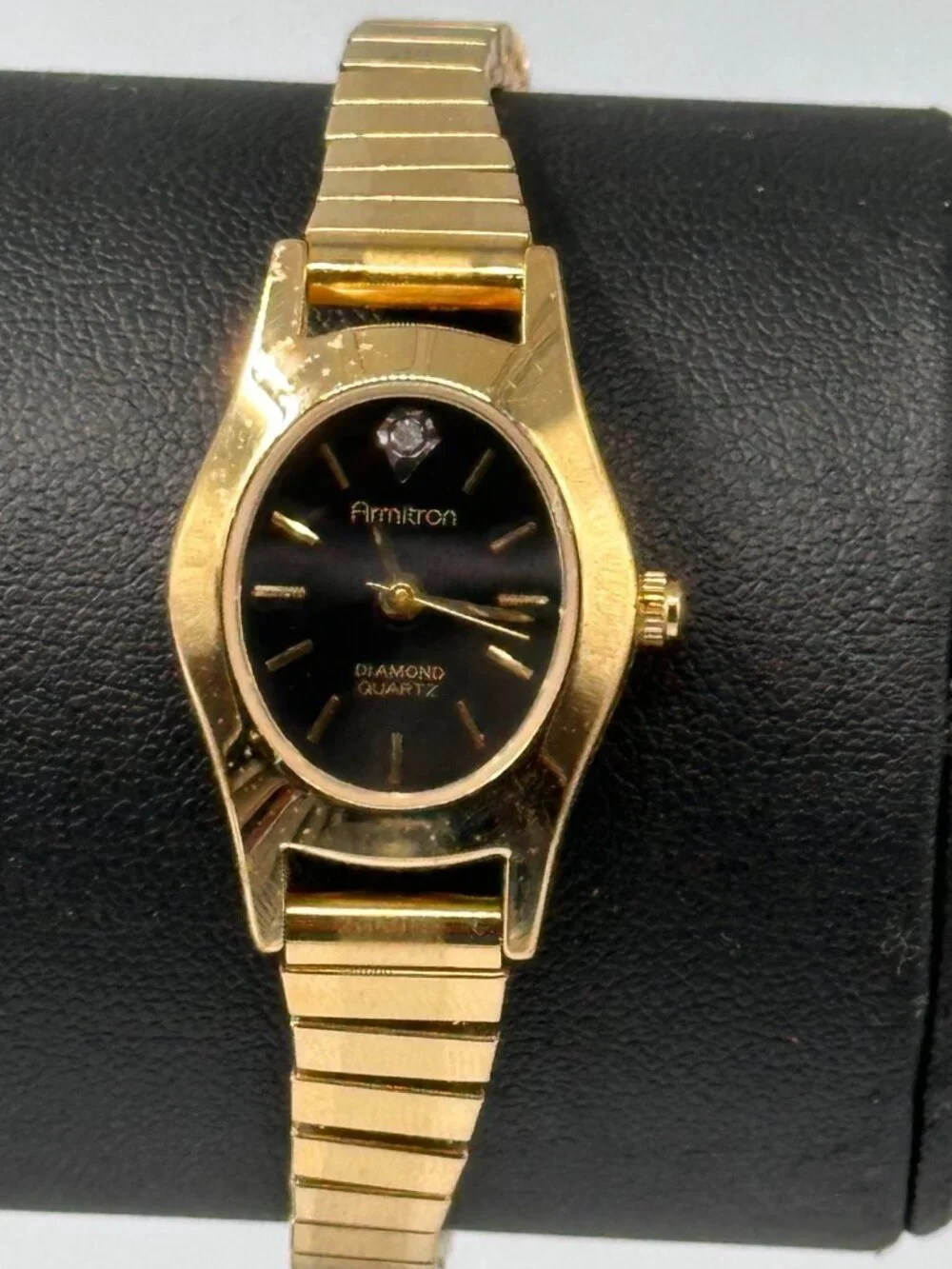 Armitron Watch Women Gold Tone Black Oval Dial Stretch Band New Battery 6